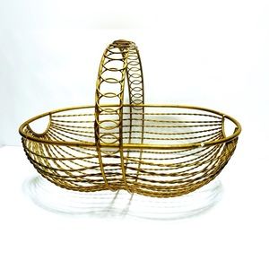 Vintage Oval Wire Woven Basket Brass Plated Metal Fruit/picnic Basket 15…